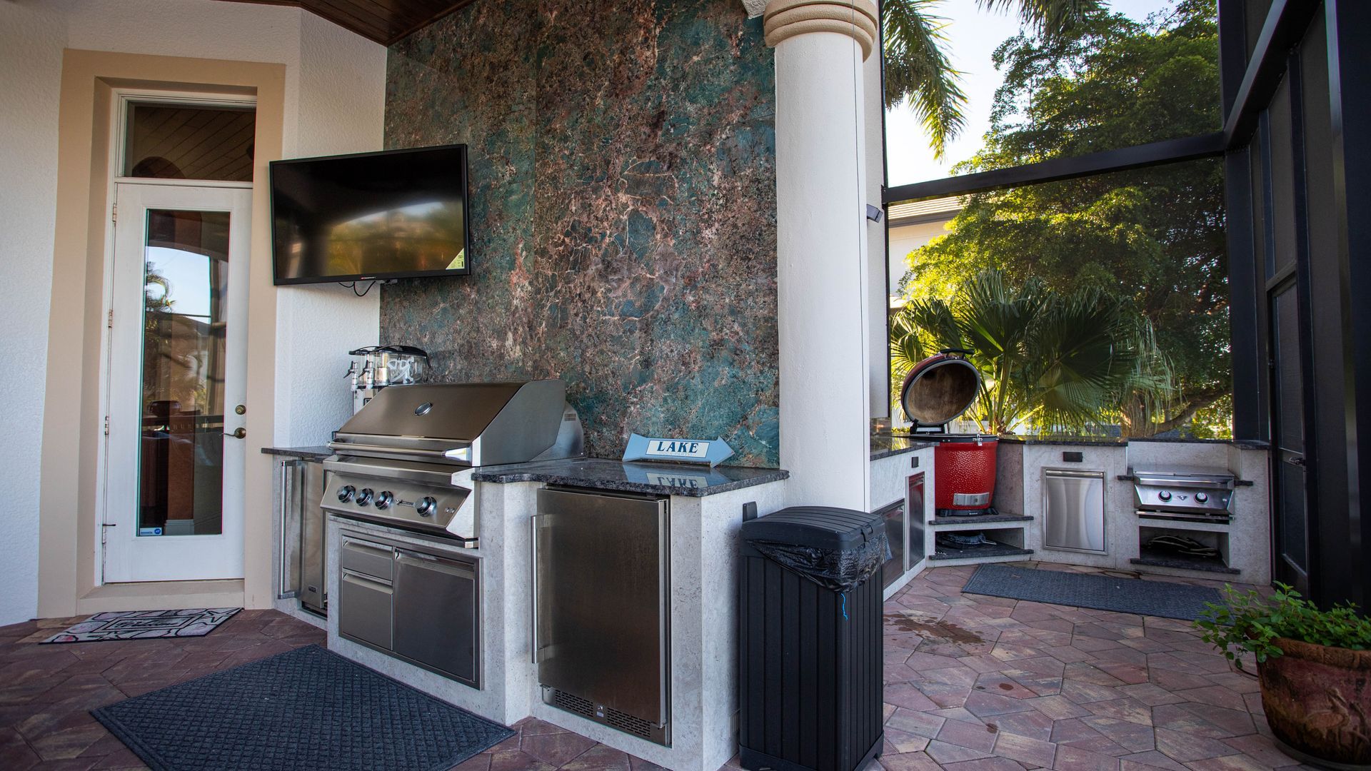 Designer Backyard Outdoor Kitchen Tile Backsplash Kamado Joe Twin Eagles Grill Cape Coral, FL