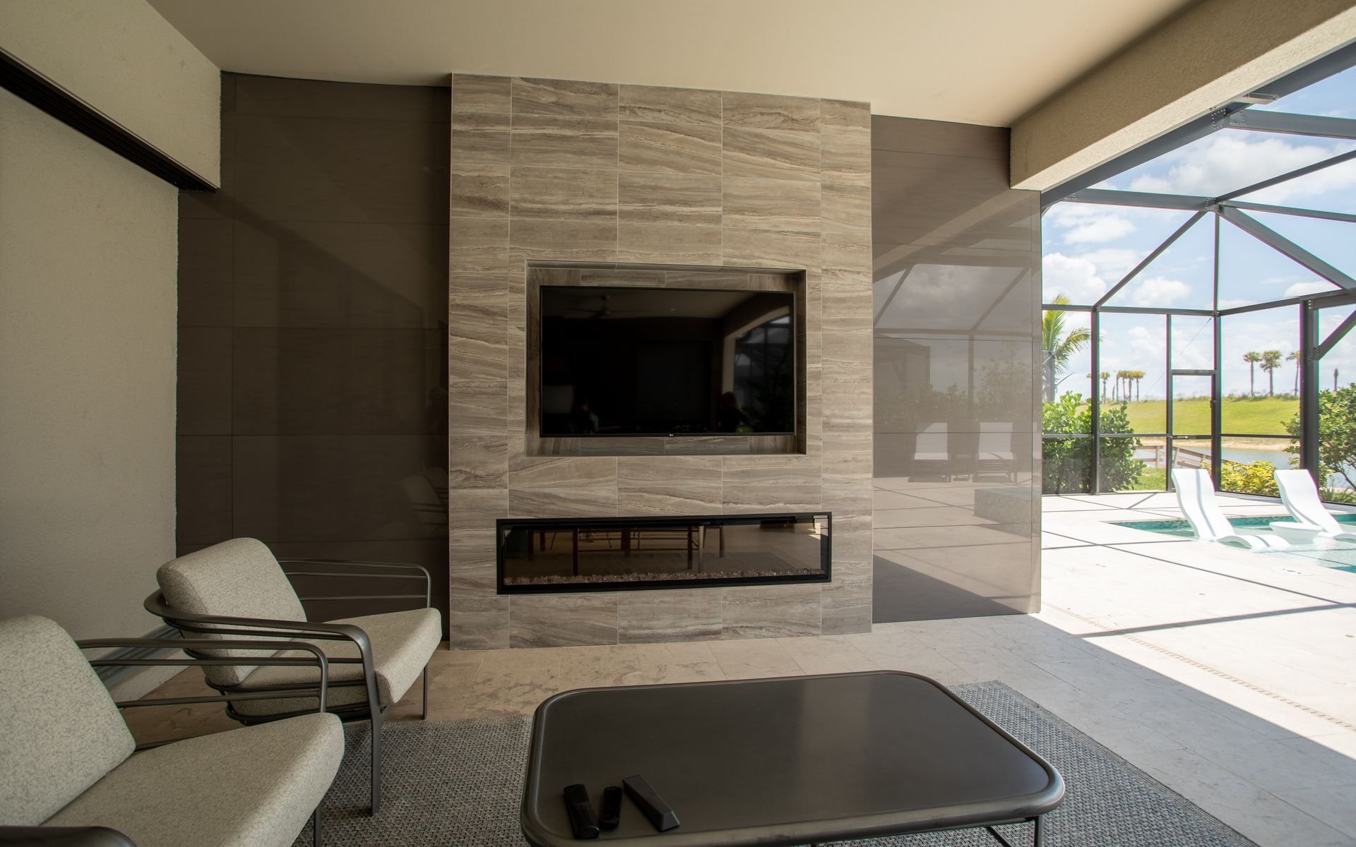 Full wall Fireplace , Shiny tile, recessed TV, electric, Dimplex, Naples FL