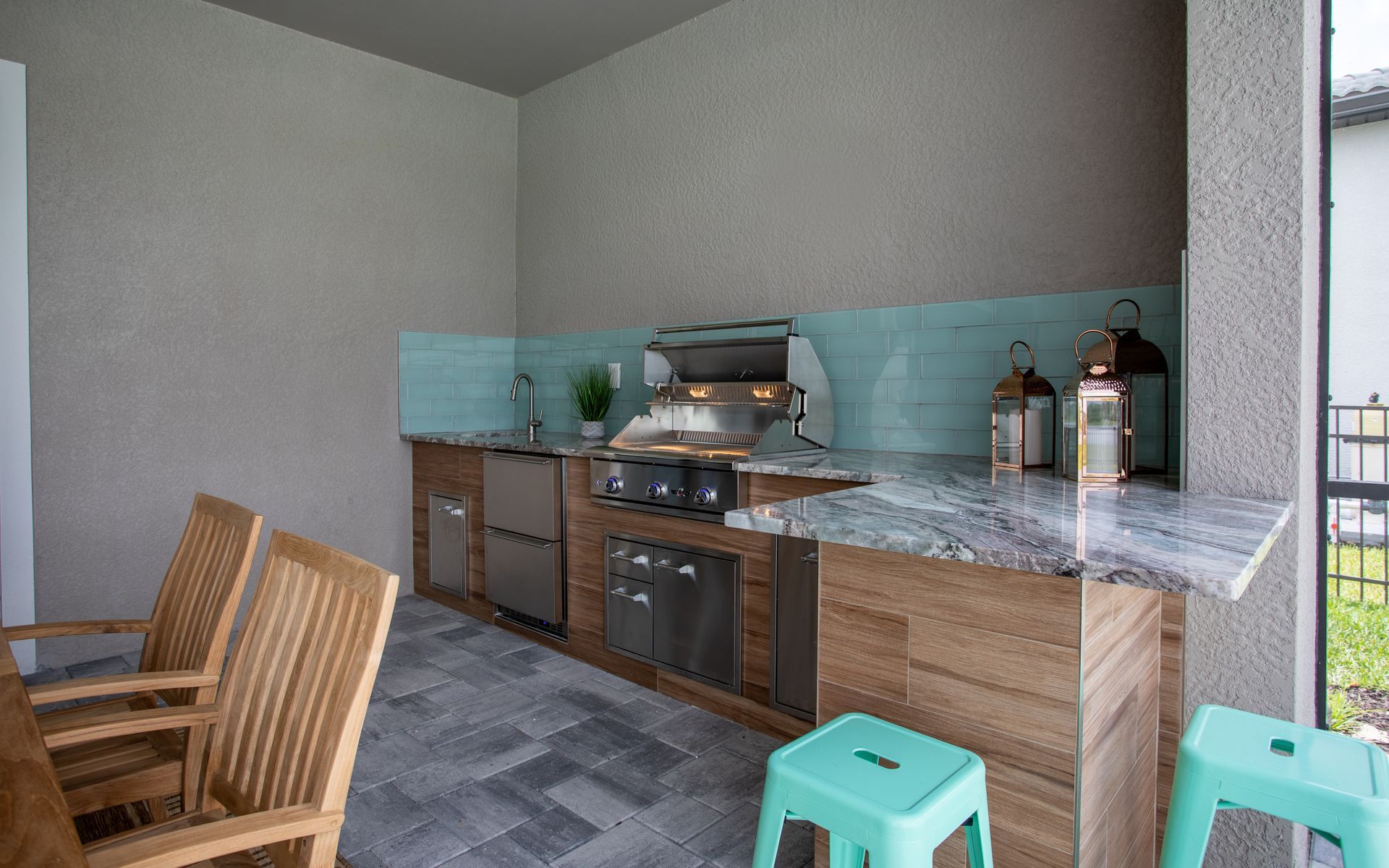 wood plank look porcelain tile outdoor kitchen Naples FL