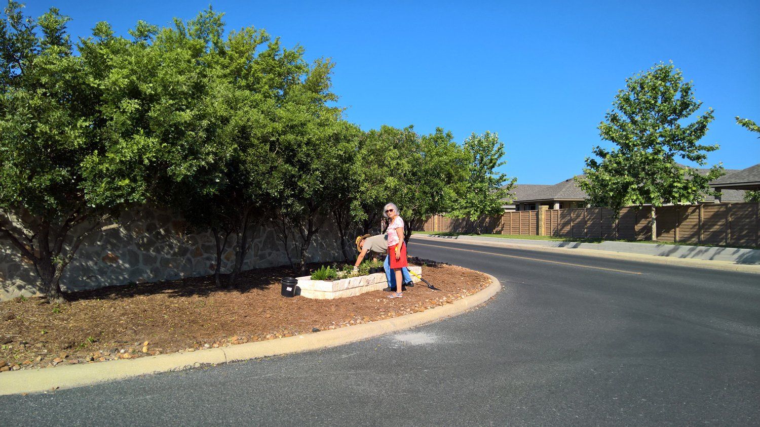 A man and a dog are standing on the side of the road