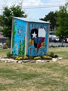 A sign that says `` god bless texas '' is in the middle of a grassy field.