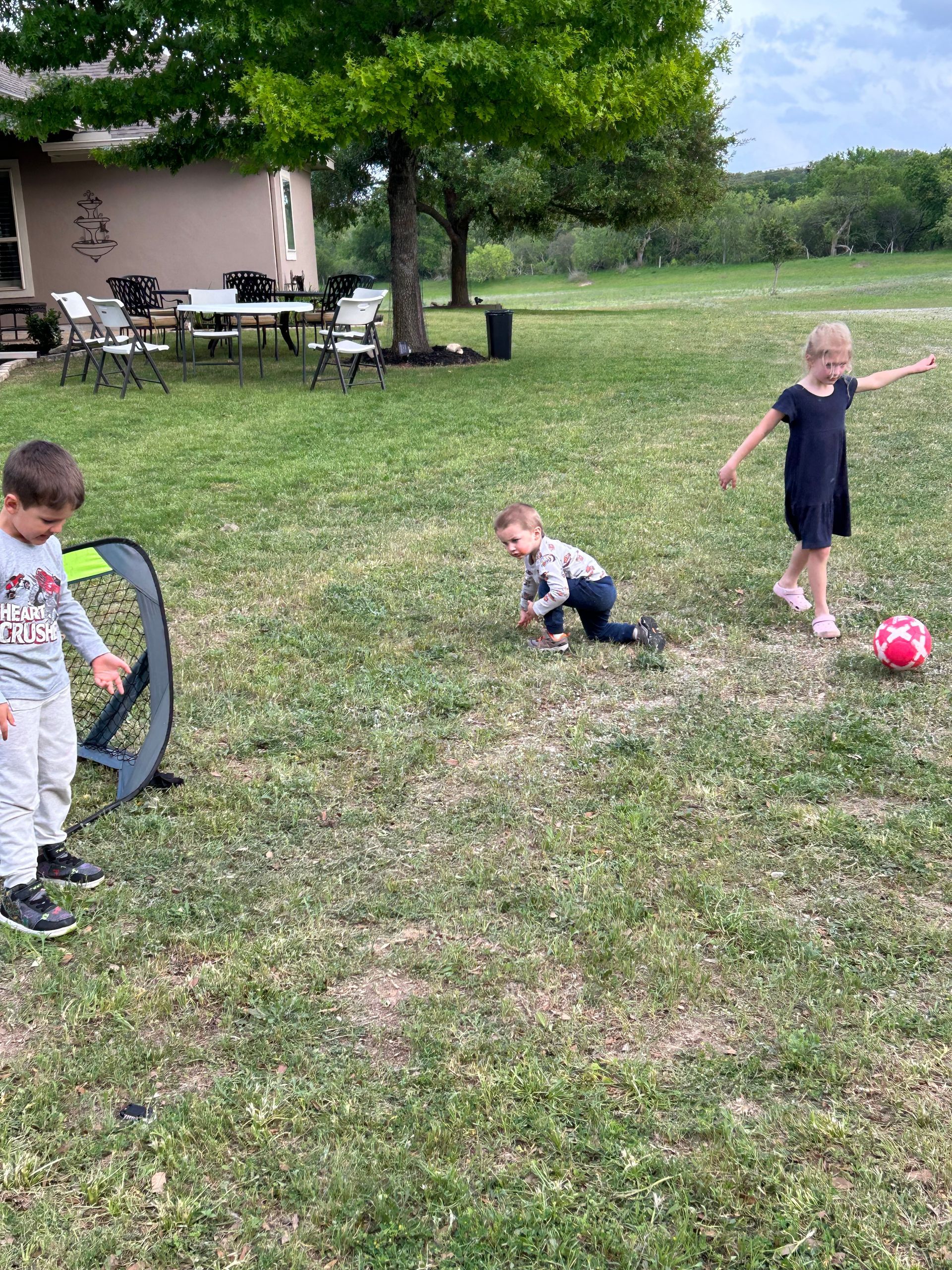 Three children are playing with a soccer ball in a grassy field.