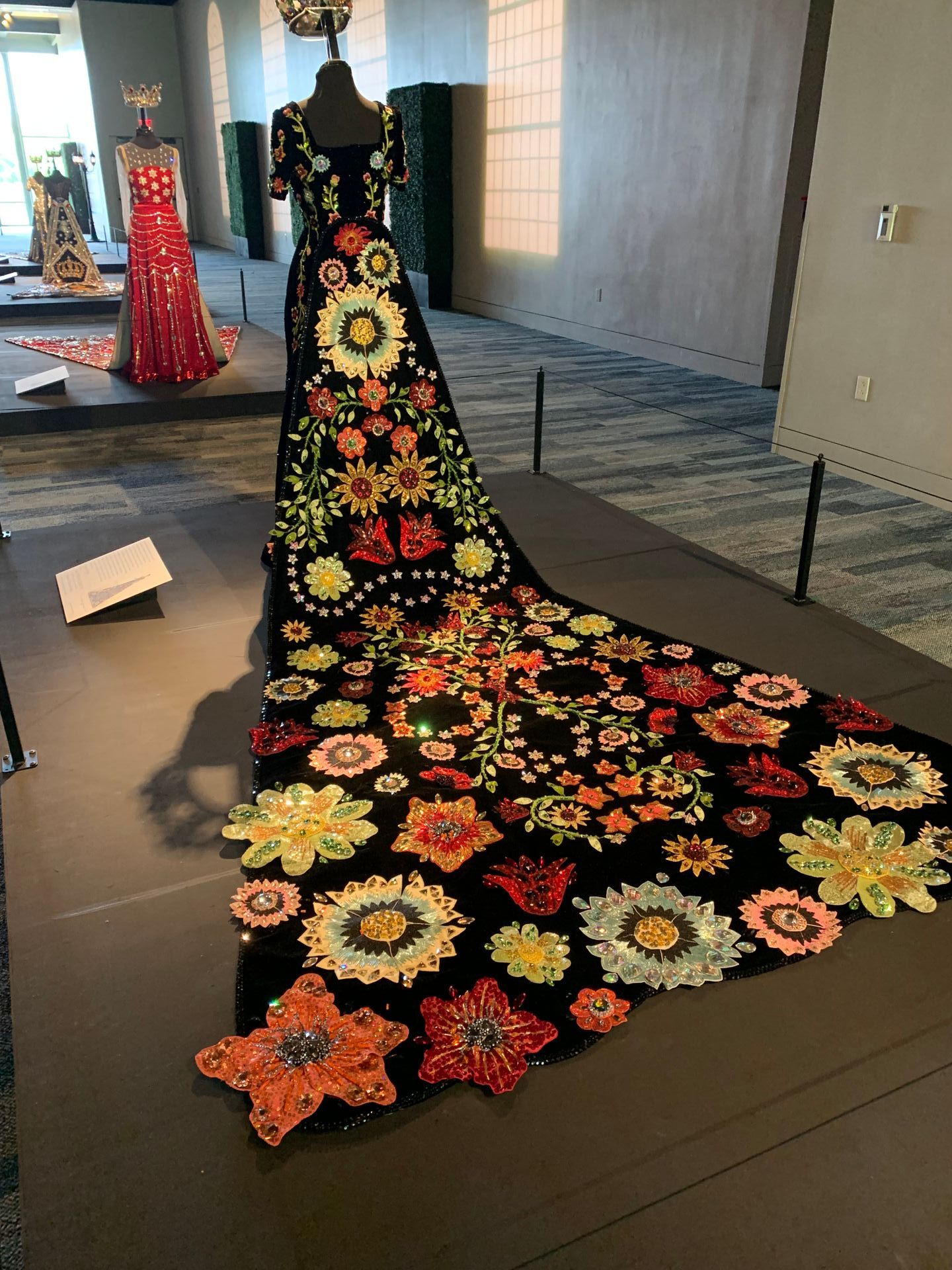 A long black dress with flowers on it is on display in a museum.