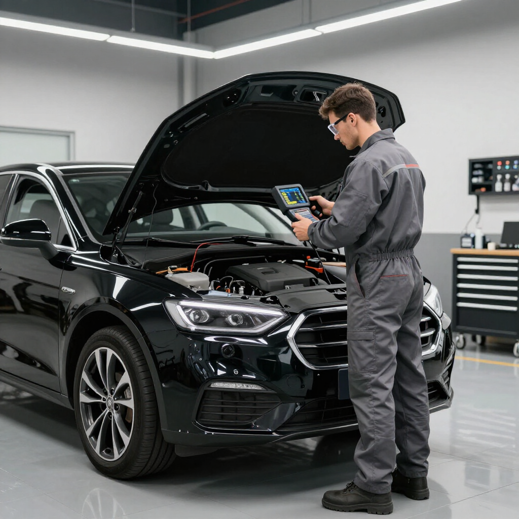 Mechanic polishing a silver car hood in a workshop