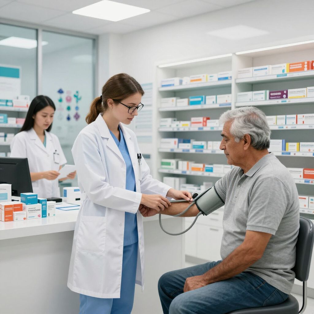 Un farmacista misura la pressione sanguigna a un paziente in farmacia. Un altro farmacista lo assiste.