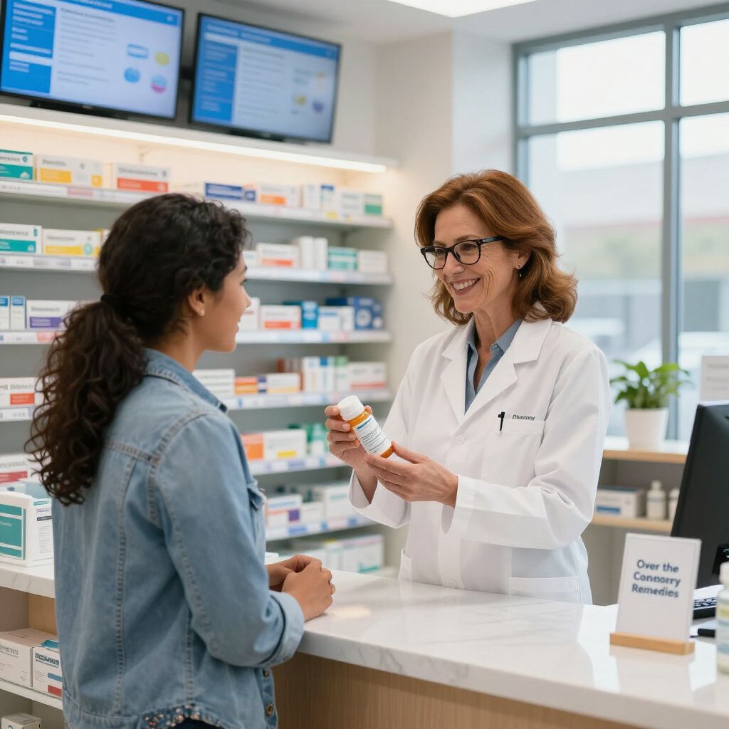 Farmacista che mostra un flacone di pillole a un cliente in farmacia.