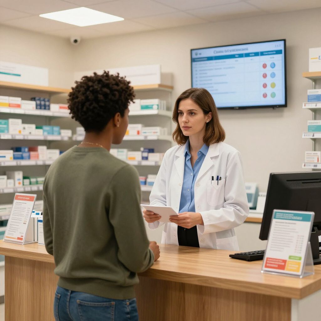 Un farmacista in camice bianco assiste un cliente al bancone di una farmacia. Sullo sfondo, scaffali pieni di farmaci.