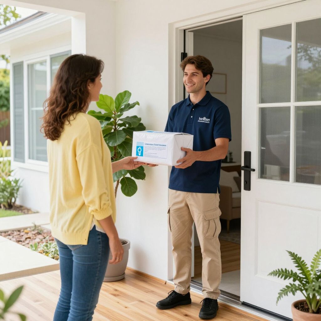 Un fattorino consegna un pacco a una donna davanti a un portone.