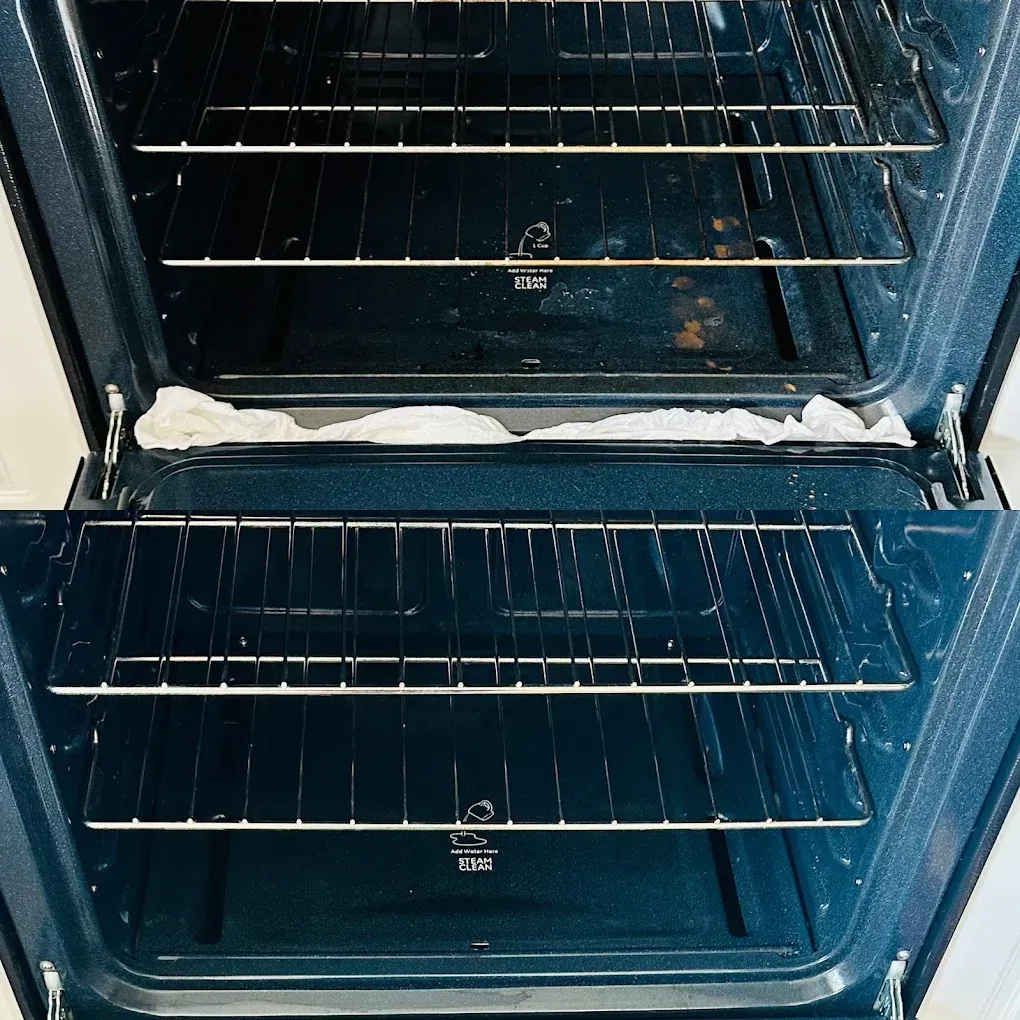 Comparison photo: Before and after of a cleaned oven interior; top image dirty, bottom image clean.