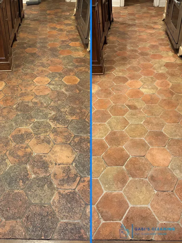 Comparison: Dirty vs. clean hexagonal tile floor. Dark, stained left side; light, restored right side.