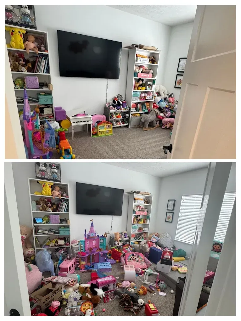 Top: Clean playroom with TV, shelves, and toys. Bottom: Messy playroom, toys scattered on floor.