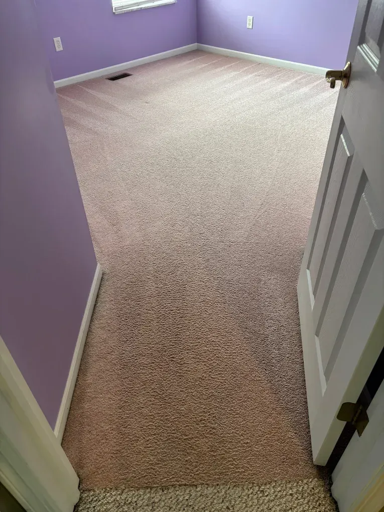 Beige carpeted bedroom with lavender walls, viewed from doorway.