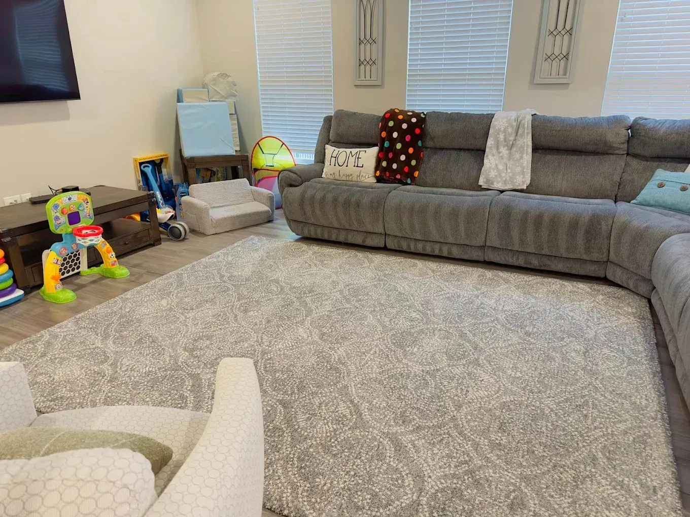 Cozy living room with a gray sectional sofa, a patterned rug, and children's toys.