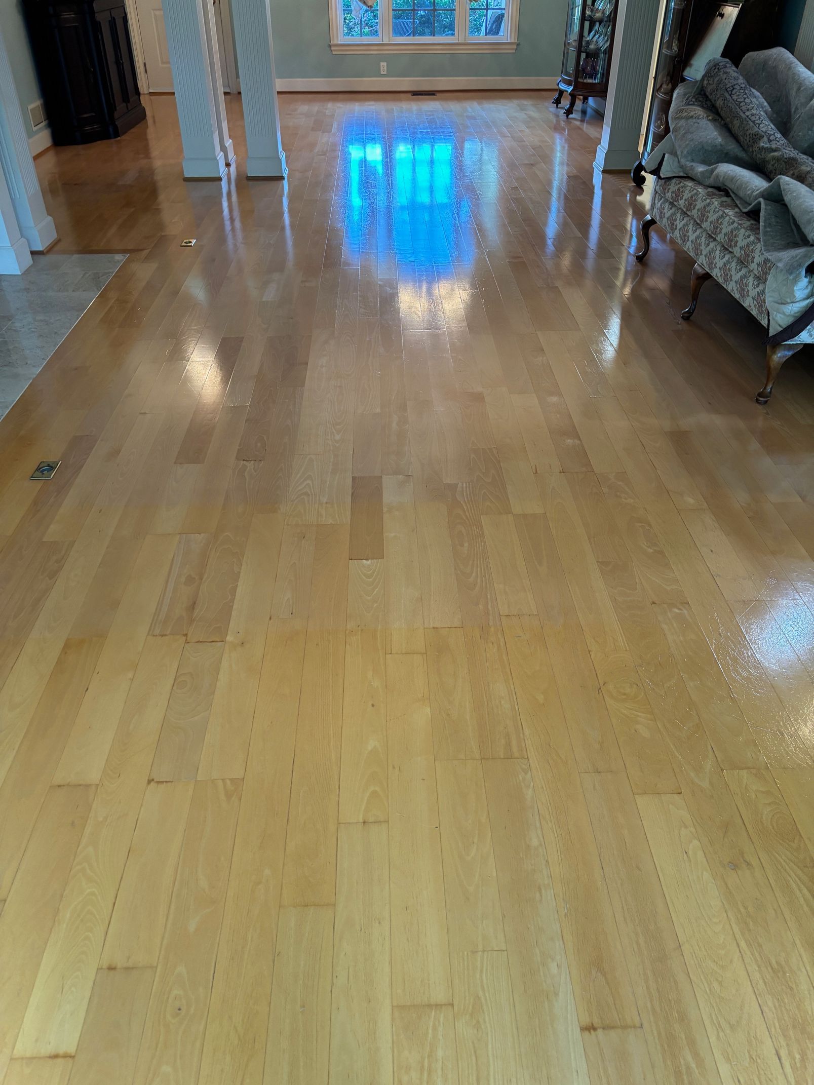 Wooden hardwood floor reflecting bright blue light from a window, in a living room.