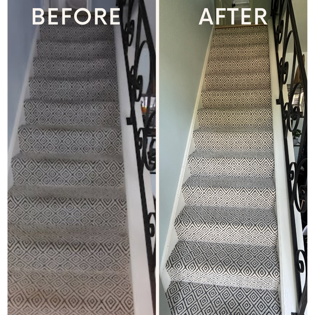 Before and after of a carpeted staircase cleaning. The stairs have a diamond pattern and the carpet appears lighter and brighter after cleaning.
