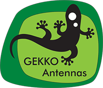 A logo for gekko antennas with a lizard on a green background