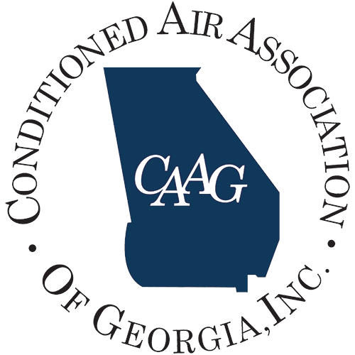 Logo of the Conditioned Air Association of Georgia (CAAG). Dark blue outline of Georgia with