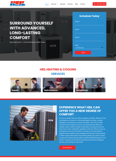 HEIL Heating & Cooling website with blue and red accents. Features heating and cooling service information and contact form.