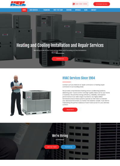 Website homepage featuring HVAC equipment and a technician.