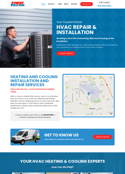 HVAC company website with a technician, services overview, and map.