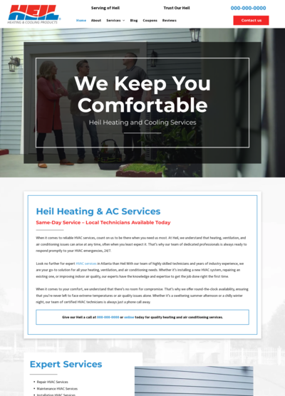 Homepage header: People in front of garage door, text