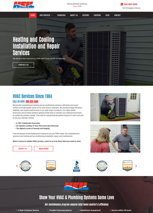 Website homepage of HSL, an HVAC service company; featuring technicians and equipment.