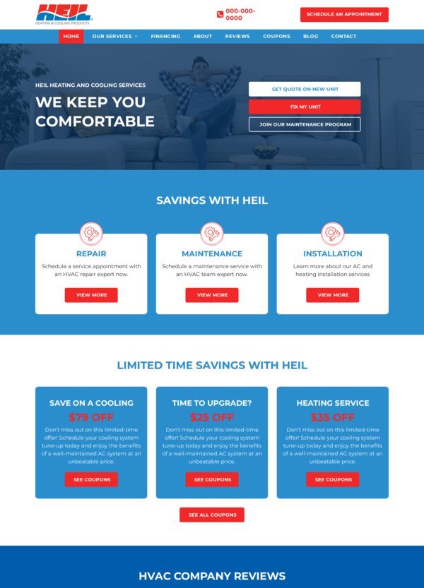 Website advertisement for HVAC services, highlighting savings and offers.