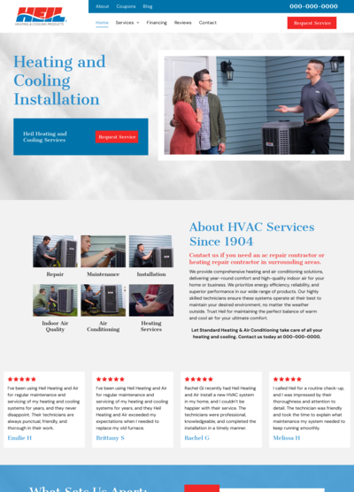 Homepage for an HVAC company featuring a technician and a couple near an AC unit.