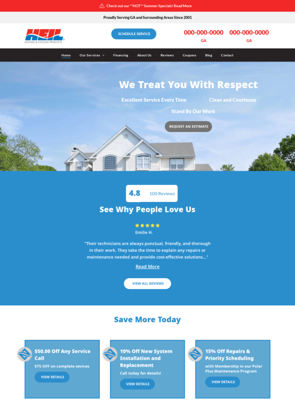 Website homepage featuring HVAC services, a house, and customer testimonials.