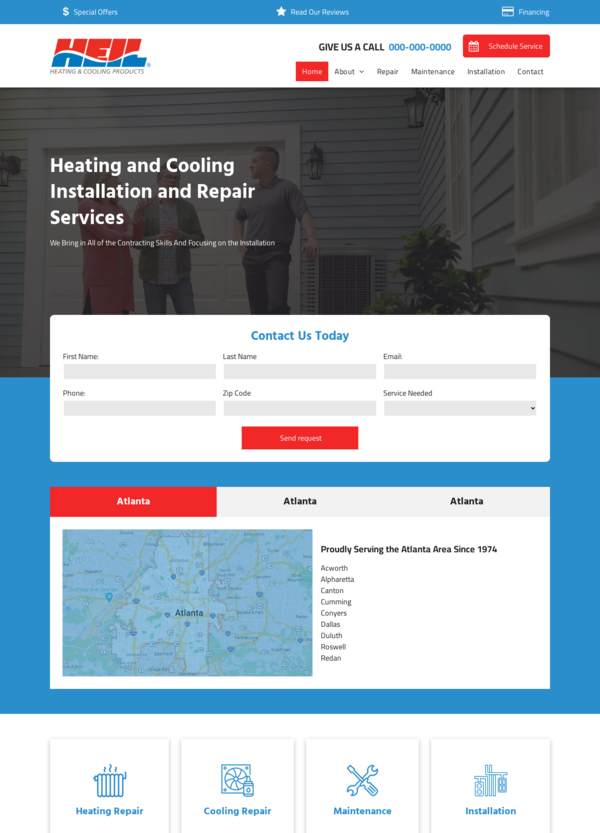Website homepage for heating and cooling services with a contact form, Atlanta map, and service icons.