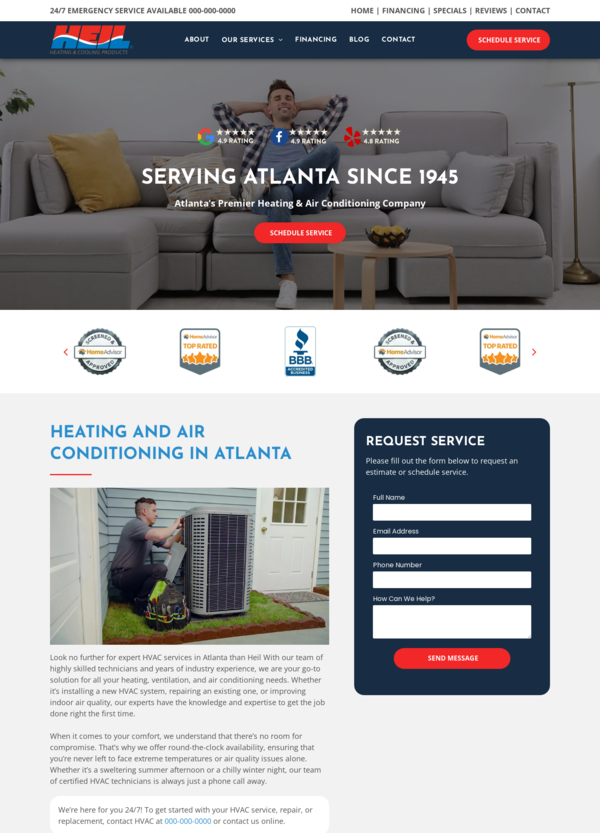 Website homepage with HVAC technician servicing an air conditioner.