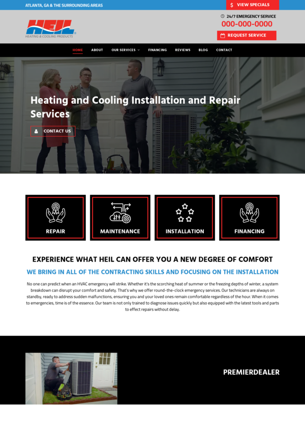 Heil HVAC website, advertising heating/cooling installation and repair services. People stand near an AC unit.