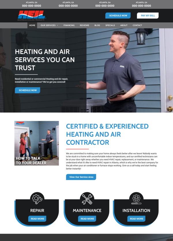 Website for HVAC services featuring text and a technician, promoting heating and air services.