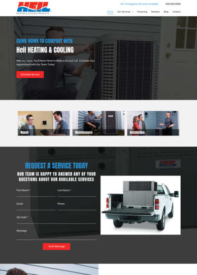 Home page of H&S Mechanical with a technician, HVAC systems, and a service request form.
