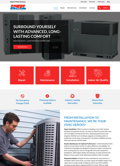 Website homepage with HVAC equipment and a technician working on a unit. Red accents.