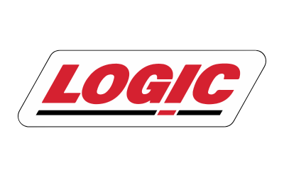 A red and white logo for logic on a white background.