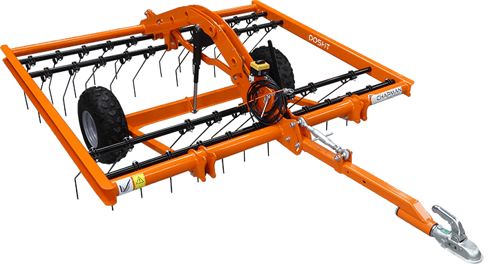 A large orange tractor with a trailer attached to it on a white background.