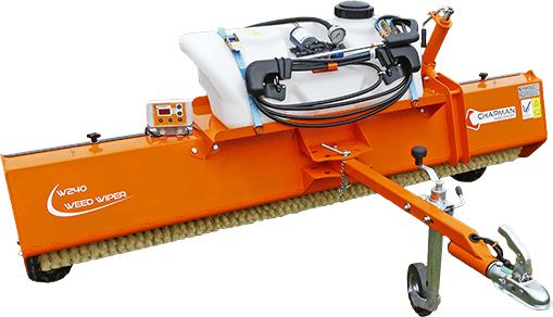 An orange broom with a tank attached to it on a white background.