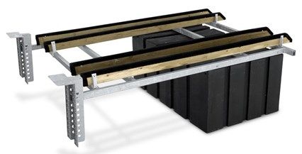 Black plastic outdoor storage bin with two metal support rails on a white background
