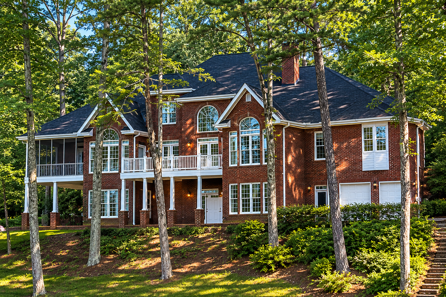 Large brick house with white columns and shutters, set among tall trees in a wooded yard