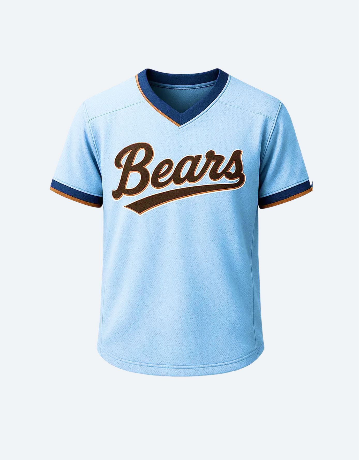 Light blue Bears V-neck jersey with dark blue trim and brown script logo
