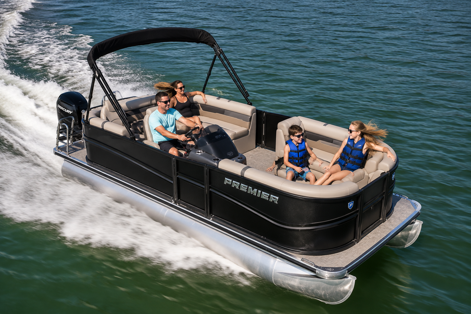 Black pontoon boat cruising on water with four people aboard and a black canopy