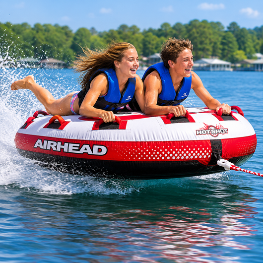 Explore The Rock! Two people ride a red-and-white towable tube on a lake, splashing water and smiling.