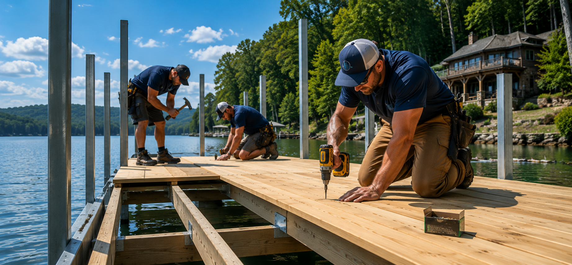The Rockingham Construction Team is building a dock on the wate placing planks on the frame.
