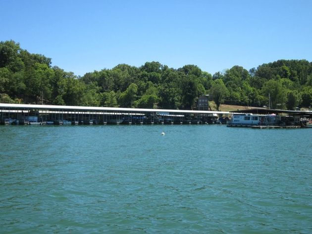 Blue lake with a docked marina and tree-lined shore under a clear sky