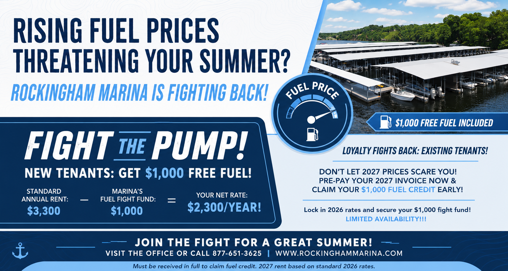 Blue transit poster: “Fight the Pump!” warns rising fuel prices, promoting transit summer savings in Rockingham County.