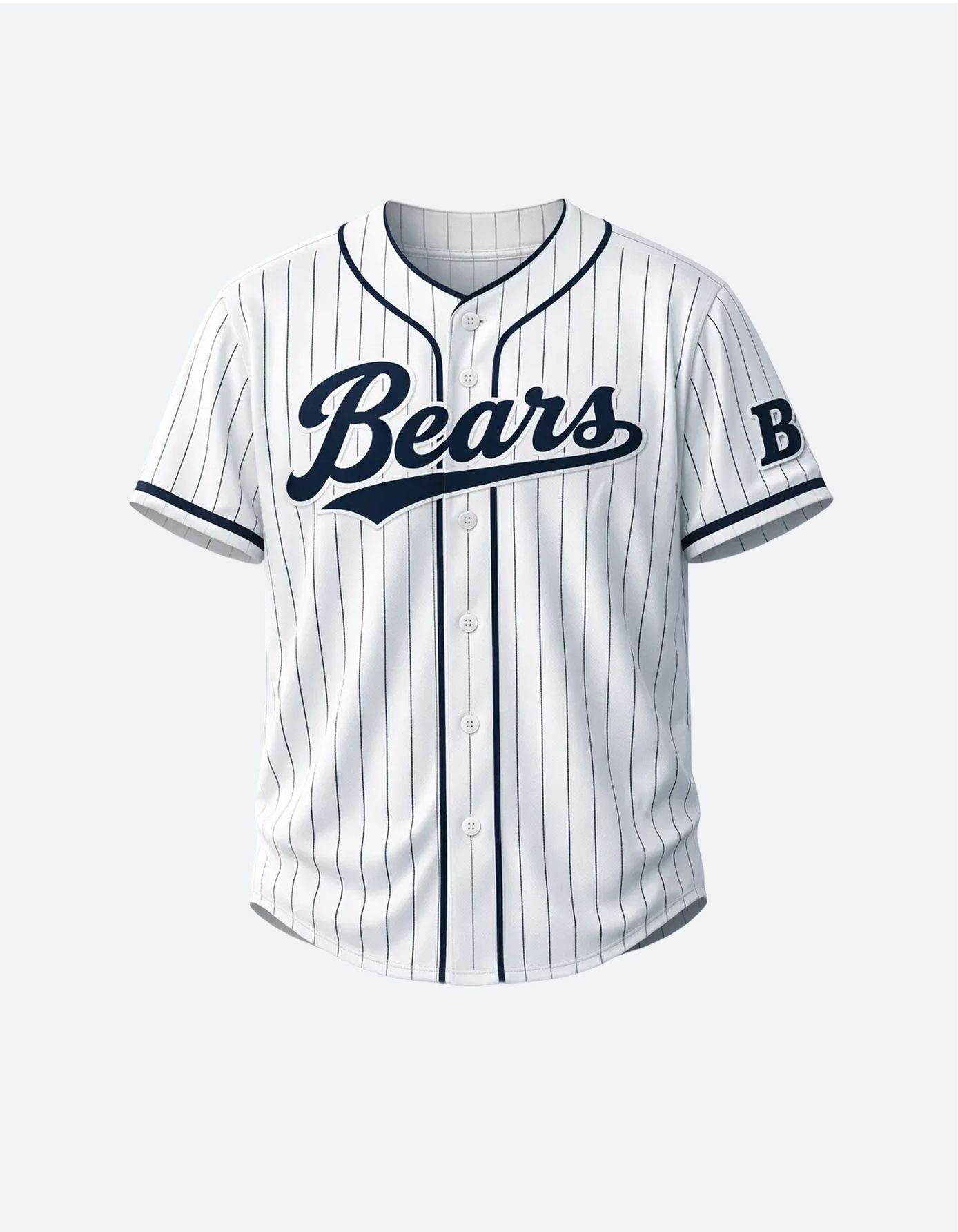 White pinstriped Bears baseball jersey with navy trim and script logo.