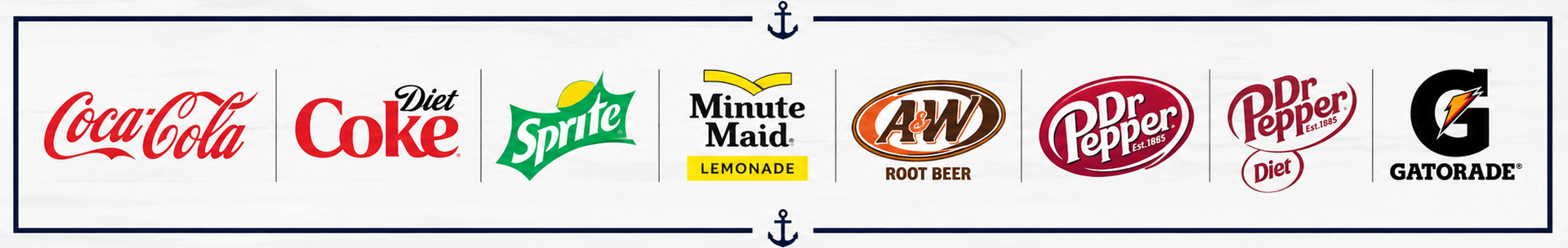 Brand logos for Coca-Cola, Sprite, Minute Maid, A&W, Dr Pepper, and Gatorade on a white background