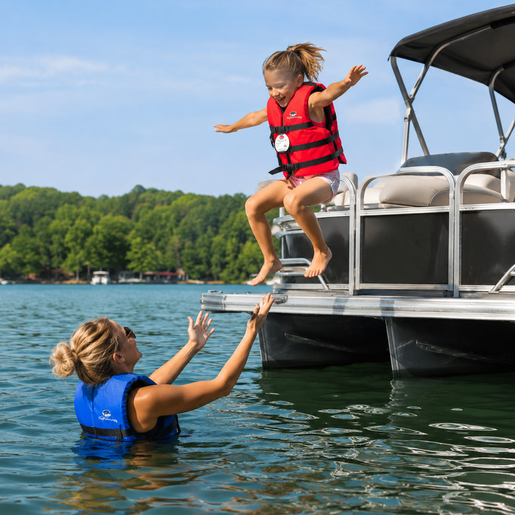 Explore The Rock! Child in red life jacket jumping from boat to an adult in blue life jacket on a lake