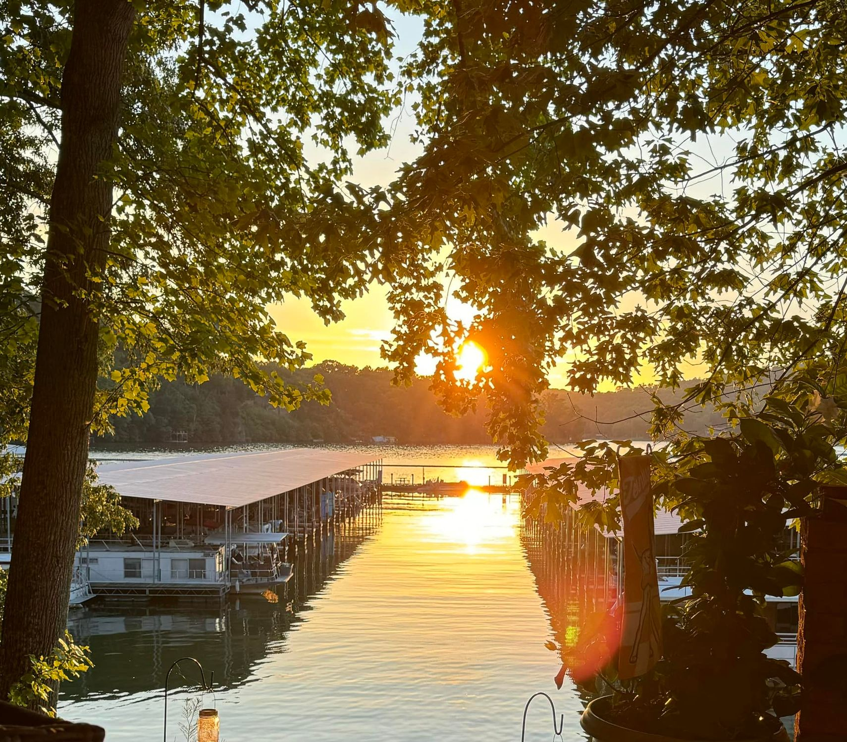 Sunset over a marina, with boats and docks framed by leafy trees and golden reflections on the water.